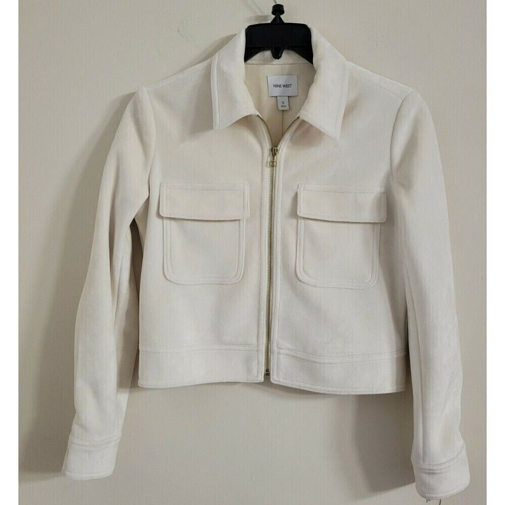 Nine West Size‎ S Velvet Construction Zip up Off White Bomber Jacket w/Pockets